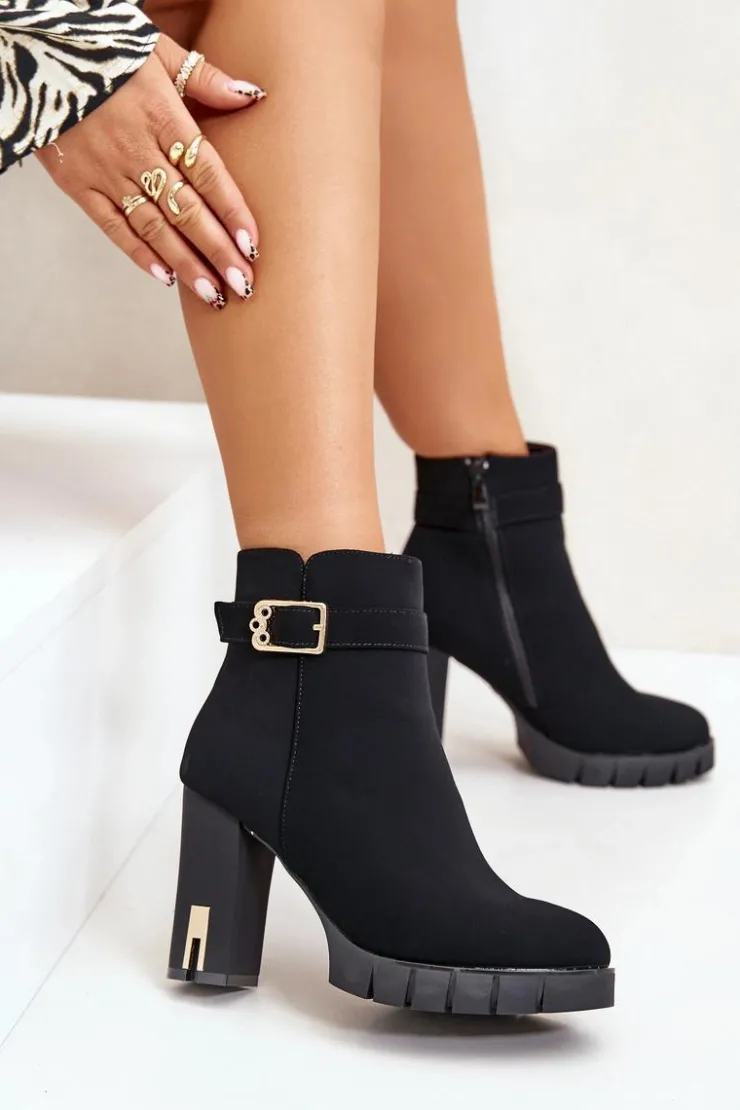 Damskie Boto Ocieplane Botki Damskie Na Słupku Ze Złotą Klamrą Czarne Taitra