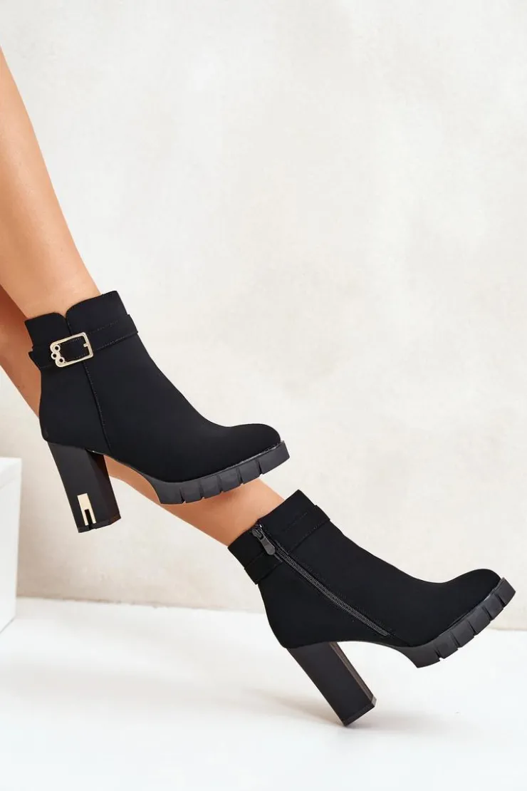 Damskie Boto Ocieplane Botki Damskie Na Słupku Ze Złotą Klamrą Czarne Taitra