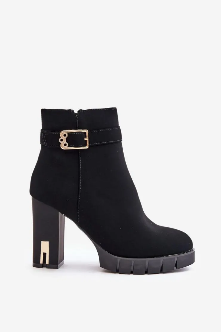 Damskie Boto Ocieplane Botki Damskie Na Słupku Ze Złotą Klamrą Czarne Taitra