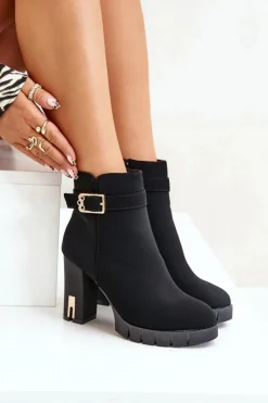 Damskie Boto Ocieplane Botki Damskie Na Słupku Ze Złotą Klamrą Czarne Taitra
