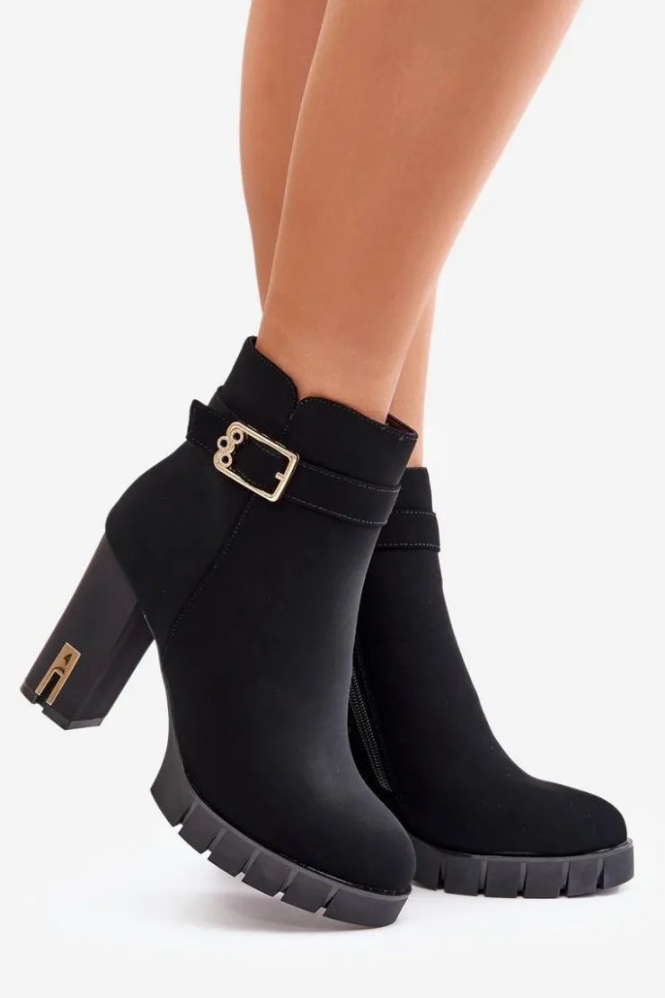 Damskie Boto Ocieplane Botki Damskie Na Słupku Ze Złotą Klamrą Czarne Taitra