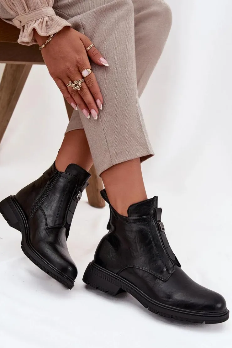 Hot Boto Ocieplane Botki Damskie Na Zamek Z Ozdobnym Detalem Czarne Roselle Czarny