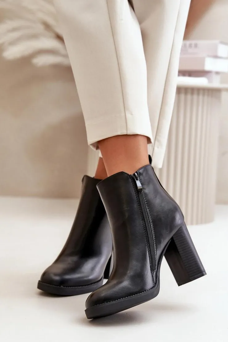 Sale Boto Ocieplane Botki Damskie Na Słupku Eko Skórzane Czarne Teresine