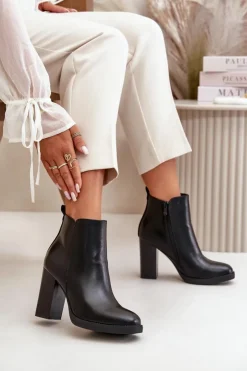 Sale Boto Ocieplane Botki Damskie Na Słupku Eko Skórzane Czarne Teresine