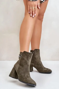 Boto Brązowe I Beżowe Botki|Botki Na Obcasie*Ocieplane Botki Damskie Na Słupku Eko Zamszowe Ciemnozielone Saivia