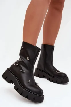 New Boto Ocieplane Botki Damskie Na Zamek Z Ozdobami Czarne Thavira