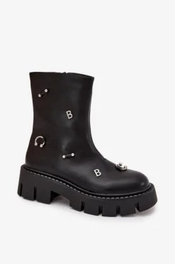 New Boto Ocieplane Botki Damskie Na Zamek Z Ozdobami Czarne Thavira