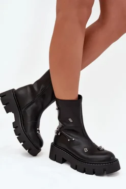 New Boto Ocieplane Botki Damskie Na Zamek Z Ozdobami Czarne Thavira