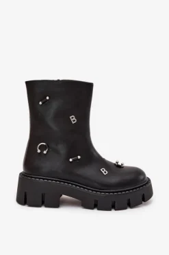 New Boto Ocieplane Botki Damskie Na Zamek Z Ozdobami Czarne Thavira