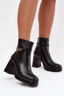 Boto Ocieplane Botki Damskie Na Słupku Z Ozdobnym Paskiem Czarne Giordina