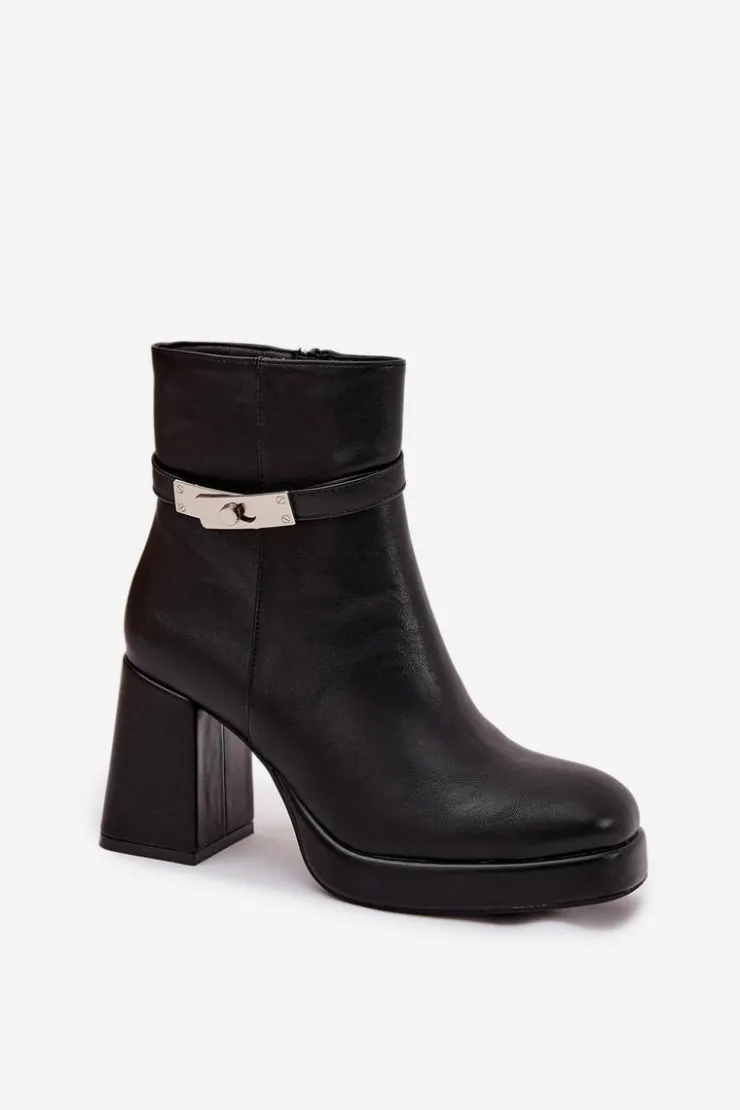 Boto Ocieplane Botki Damskie Na Słupku Z Ozdobnym Paskiem Czarne Giordina