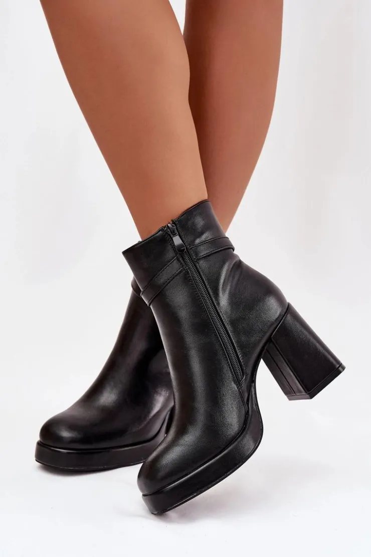 Boto Ocieplane Botki Damskie Na Słupku Z Ozdobnym Paskiem Czarne Giordina