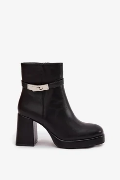 Boto Ocieplane Botki Damskie Na Słupku Z Ozdobnym Paskiem Czarne Giordina