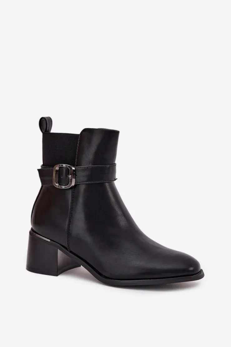 Damskie Boto Ocieplane Botki Damskie Na Obcasie Z Paskiem I Klamrą Czarne Sylira