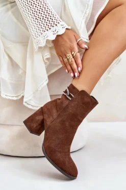 Damskie Boto Ocieplane Botki Damskie Na Słupku Eko Zamszowe Brązowe Saivia