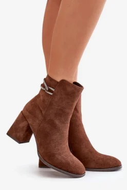 Damskie Boto Ocieplane Botki Damskie Na Słupku Eko Zamszowe Brązowe Saivia