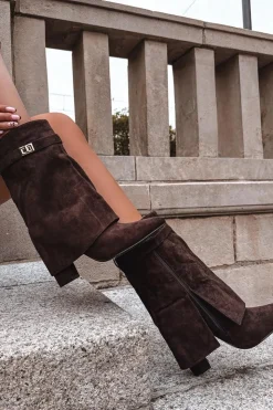 Damskie Boto Ocieplane Botki Damskie Na Słupku Z Ozdobnym Paskiem Czekoladowe Luvielle