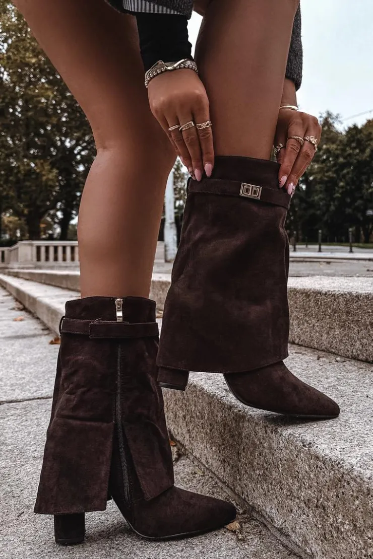 Damskie Boto Ocieplane Botki Damskie Na Słupku Z Ozdobnym Paskiem Czekoladowe Luvielle