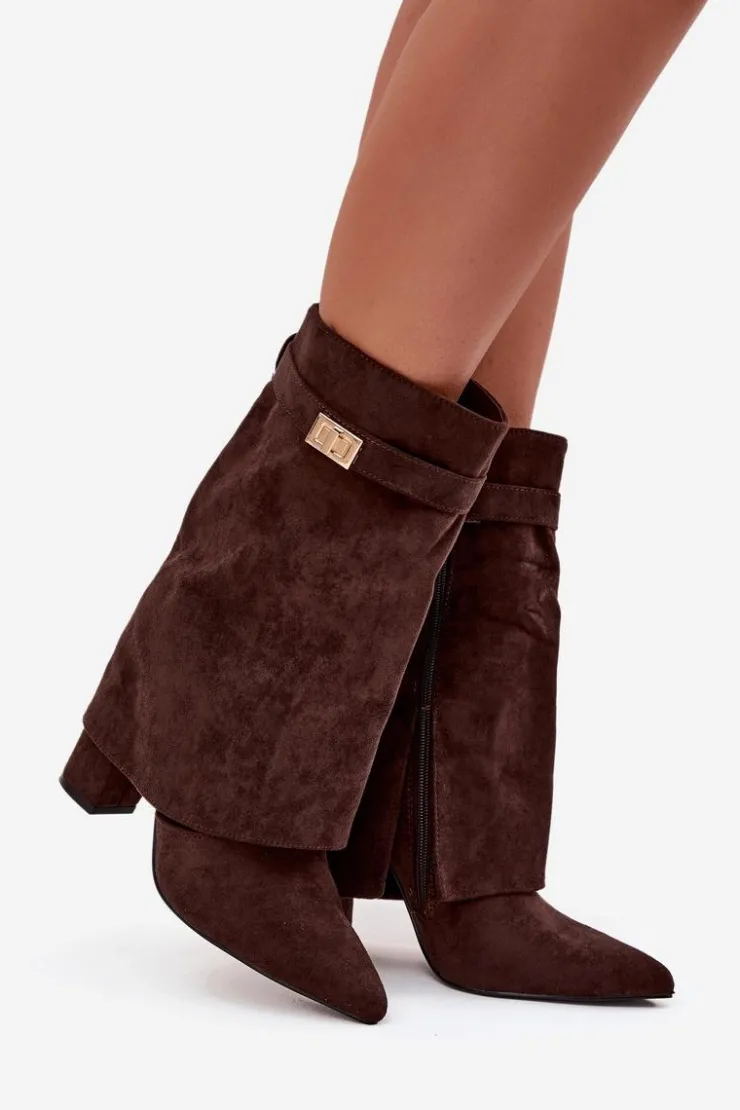 Damskie Boto Ocieplane Botki Damskie Na Słupku Z Ozdobnym Paskiem Czekoladowe Luvielle