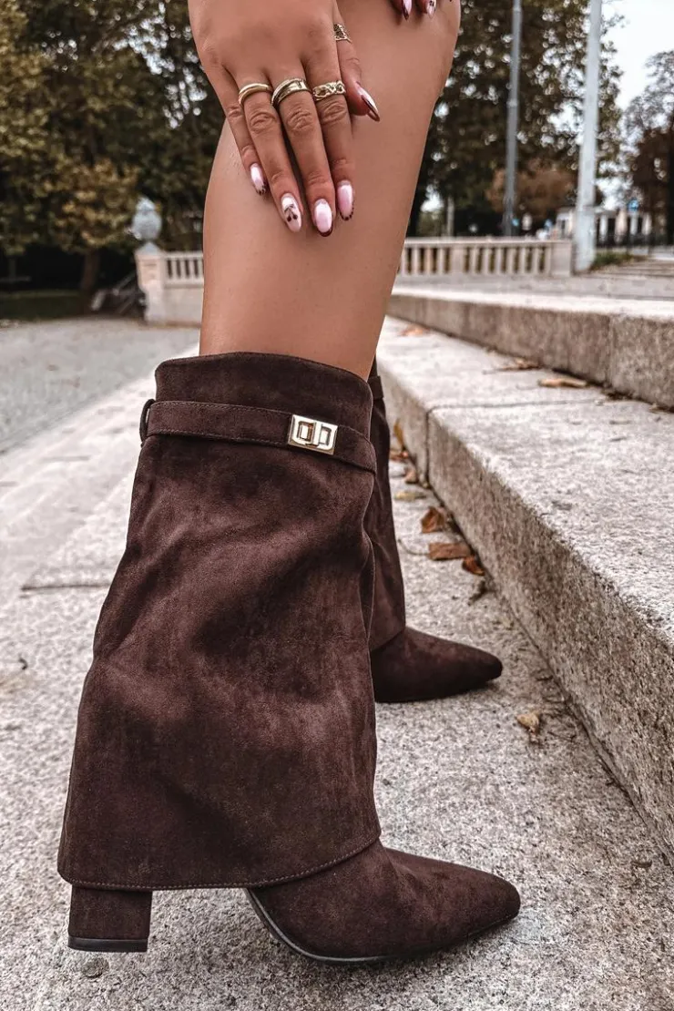 Damskie Boto Ocieplane Botki Damskie Na Słupku Z Ozdobnym Paskiem Czekoladowe Luvielle