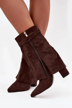 Damskie Boto Ocieplane Botki Damskie Na Słupku Z Ozdobnym Paskiem Czekoladowe Luvielle