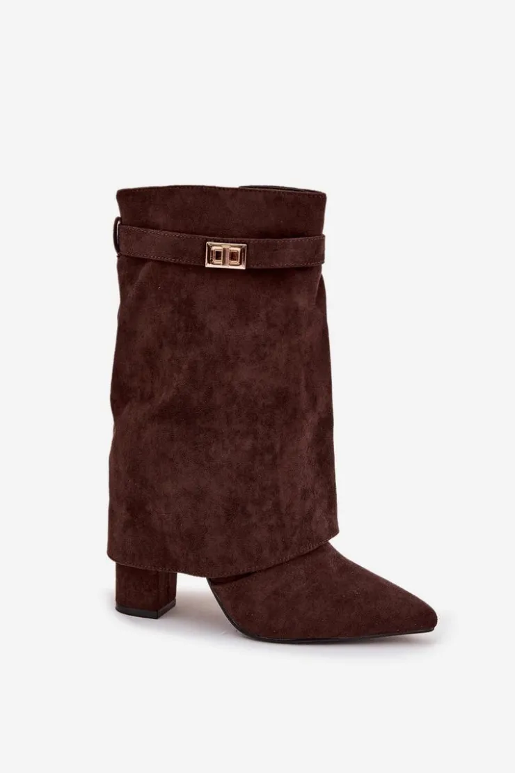 Damskie Boto Ocieplane Botki Damskie Na Słupku Z Ozdobnym Paskiem Czekoladowe Luvielle