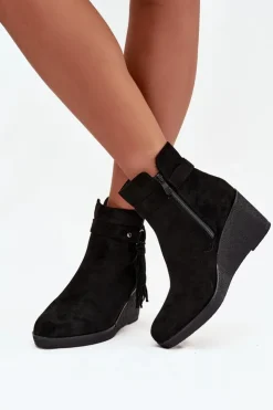 Boto Botki Ocieplane|Botki Na Koturnie*Ocieplane Botki Damskie Na Koturnie Z Frędzlami Czarne Olivarae