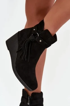 Boto Botki Ocieplane|Botki Na Koturnie*Ocieplane Botki Damskie Na Koturnie Z Frędzlami Czarne Olivarae