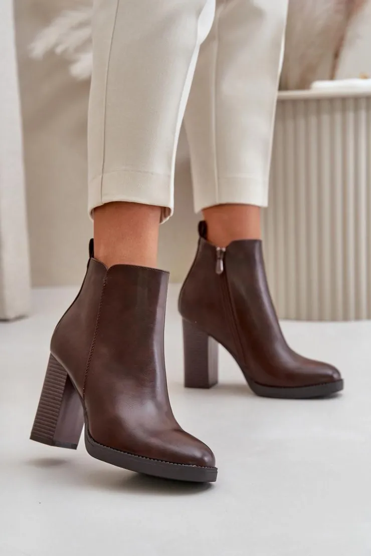 Boto Botki Ocieplane|Czarne Botki*Ocieplane Botki Damskie Na Słupku Eko Skórzane Ciemnobrązowe Teresine