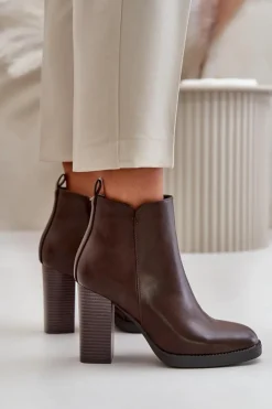 Boto Botki Ocieplane|Czarne Botki*Ocieplane Botki Damskie Na Słupku Eko Skórzane Ciemnobrązowe Teresine