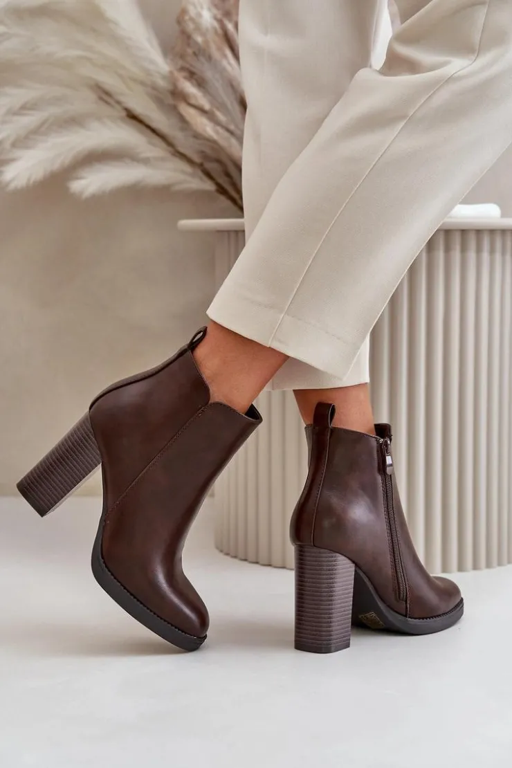 Boto Botki Ocieplane|Czarne Botki*Ocieplane Botki Damskie Na Słupku Eko Skórzane Ciemnobrązowe Teresine