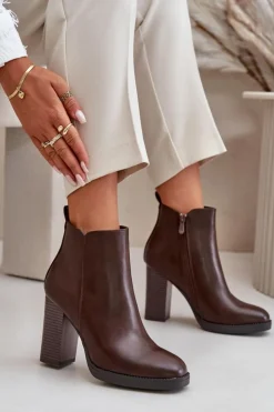 Boto Botki Ocieplane|Czarne Botki*Ocieplane Botki Damskie Na Słupku Eko Skórzane Ciemnobrązowe Teresine