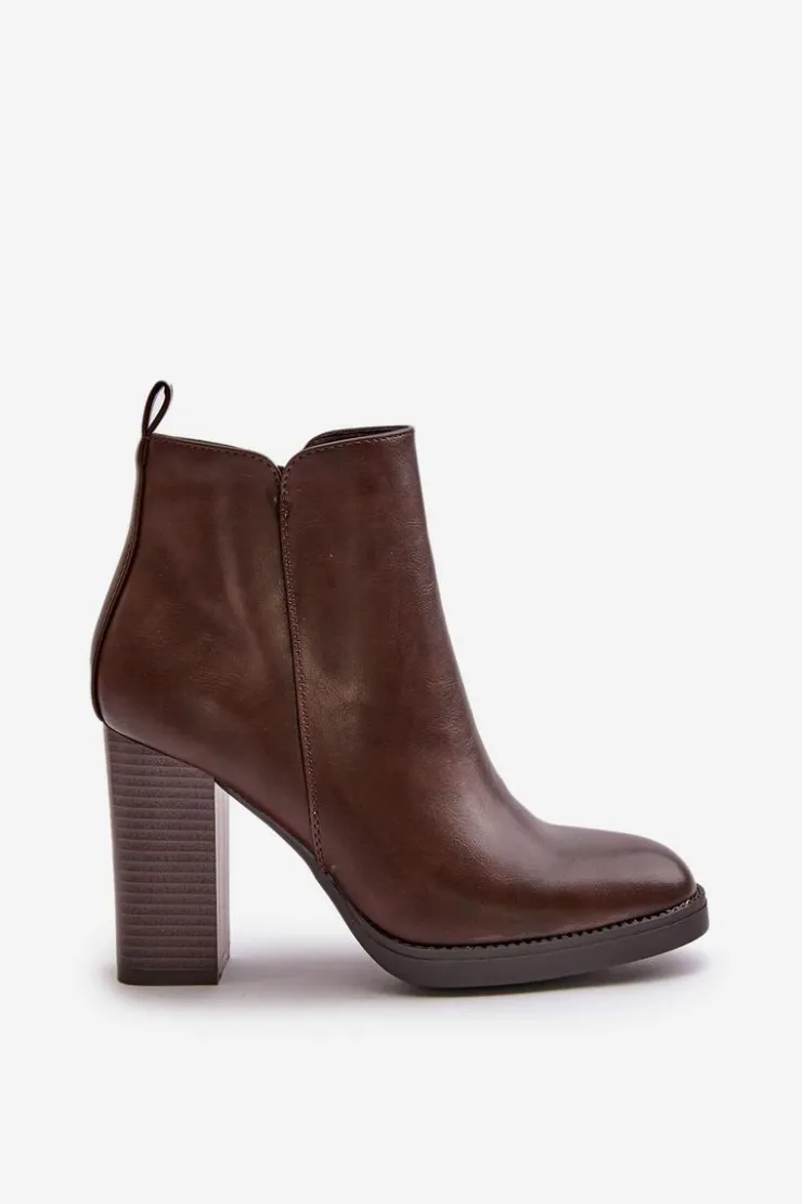 Boto Botki Ocieplane|Czarne Botki*Ocieplane Botki Damskie Na Słupku Eko Skórzane Ciemnobrązowe Teresine