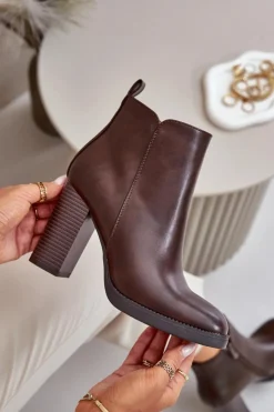 Boto Botki Ocieplane|Czarne Botki*Ocieplane Botki Damskie Na Słupku Eko Skórzane Ciemnobrązowe Teresine