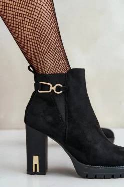 Boto Ocieplane Botki Damskie Na Wysokim Obcasie Słupku Czarne Terisanna