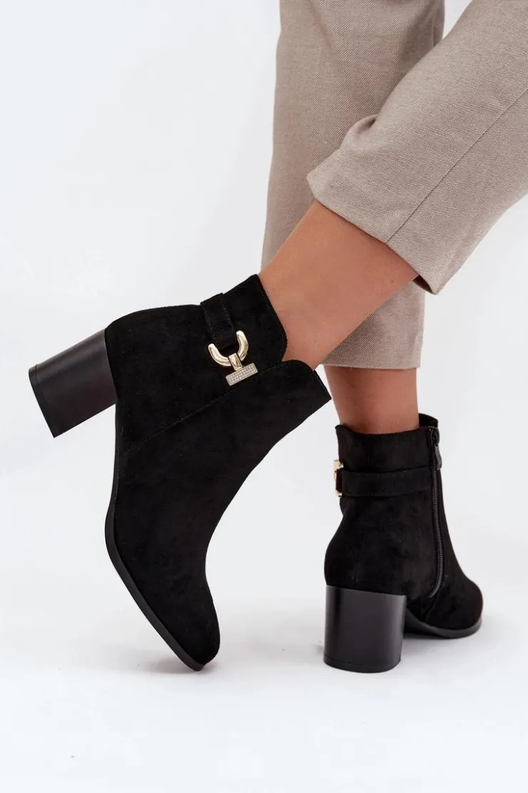 Boto Botki Ocieplane|Botki Na Słupku*Ocieplane Botki Damskie Na Słupku Ze Złotym Detalem Czarne Renora Czarny