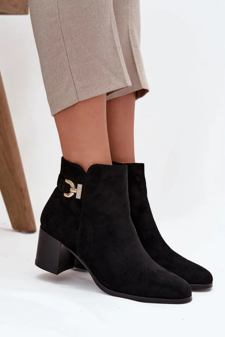 Boto Botki Ocieplane|Botki Na Słupku*Ocieplane Botki Damskie Na Słupku Ze Złotym Detalem Czarne Renora Czarny