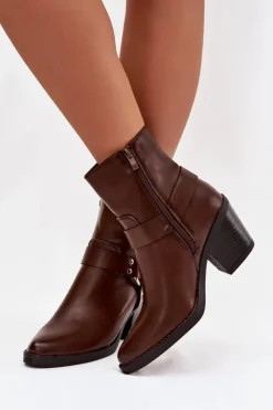 Damskie Boto Ocieplane Botki Damskie Na Słupku Z Ozdobnym Elementem Brązowe Jurelle