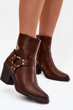 Damskie Boto Ocieplane Botki Damskie Na Słupku Z Ozdobnym Elementem Brązowe Jurelle