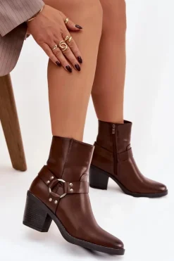 Damskie Boto Ocieplane Botki Damskie Na Słupku Z Ozdobnym Elementem Brązowe Jurelle