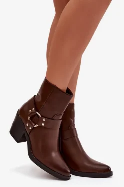 Damskie Boto Ocieplane Botki Damskie Na Słupku Z Ozdobnym Elementem Brązowe Jurelle