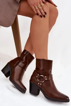 Damskie Boto Ocieplane Botki Damskie Na Słupku Z Ozdobnym Elementem Brązowe Jurelle