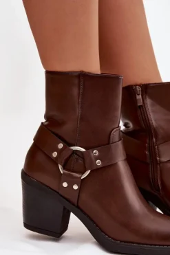 Damskie Boto Ocieplane Botki Damskie Na Słupku Z Ozdobnym Elementem Brązowe Jurelle