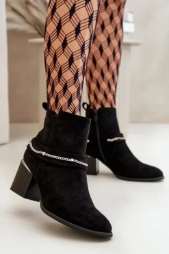 Boto Botki Ocieplane|Botki Na Słupku*Ocieplane Botki Damskie Na Słupku Z Łańcuszkiem Eko Zamszowe Czarne Hanalen Czarny