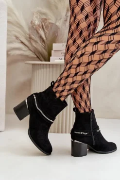 Boto Botki Ocieplane|Botki Na Słupku*Ocieplane Botki Damskie Na Słupku Z Łańcuszkiem Eko Zamszowe Czarne Hanalen Czarny