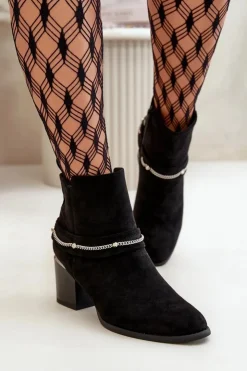 Boto Botki Ocieplane|Botki Na Słupku*Ocieplane Botki Damskie Na Słupku Z Łańcuszkiem Eko Zamszowe Czarne Hanalen Czarny