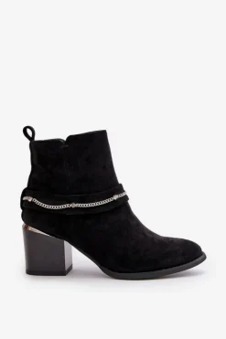 Boto Botki Ocieplane|Botki Na Słupku*Ocieplane Botki Damskie Na Słupku Z Łańcuszkiem Eko Zamszowe Czarne Hanalen Czarny