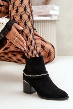 Boto Botki Ocieplane|Botki Na Słupku*Ocieplane Botki Damskie Na Słupku Z Łańcuszkiem Eko Zamszowe Czarne Hanalen Czarny