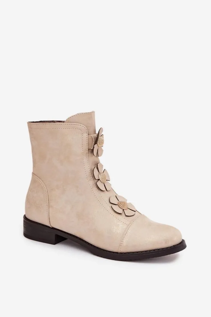 Boto Botki Ocieplane|Czarne Botki*Ocieplane Botki Damskie Na Płaskim Obcasie Z Ozdobnymi Kwiatkami Złote Pravienne Złoty