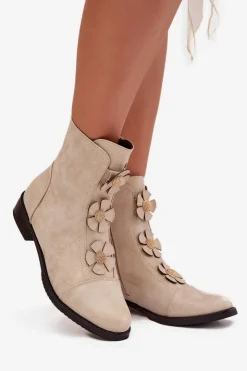 Boto Botki Ocieplane|Czarne Botki*Ocieplane Botki Damskie Na Płaskim Obcasie Z Ozdobnymi Kwiatkami Złote Pravienne Złoty